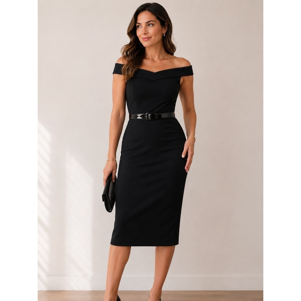 Morgan McFeeters Black Off The Shoulder Belted Dress Midi Cocktail Evening